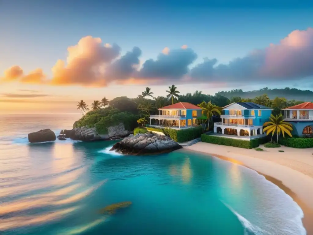 Subasta inmobiliaria en pueblo costero al atardecer Subastas inmobiliarias propiedades costeras: Atmósfera vibrante en un pueblo costero al atardecer, con una subasta de fondo