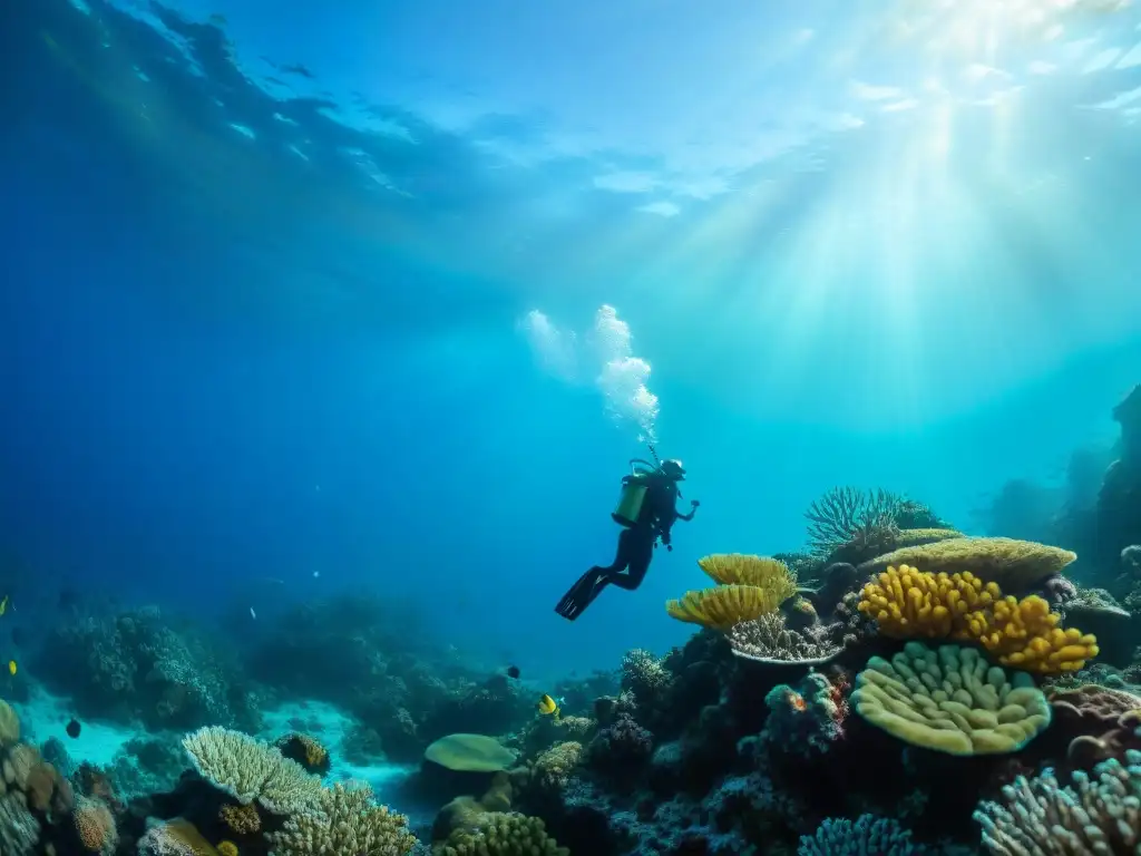 Exploración sostenible: Diversidad en arrecife de coral Exploración submarina en arrecife de coral vibrante con buzos y marcas sostenibles para amantes del mar