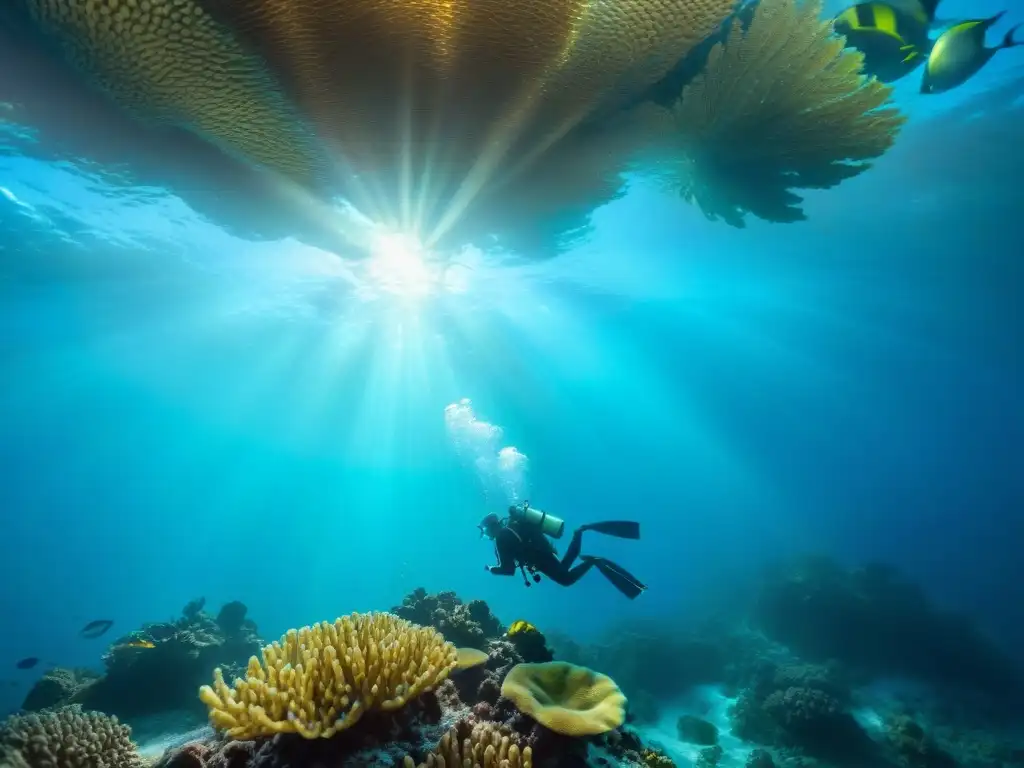 Exploración submarina: belleza y biodiversidad en arrecife de coral Exploración submarina de buceadores en arrecife de coral vibrante
