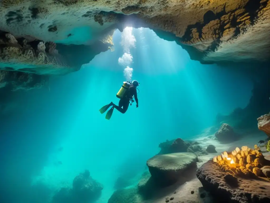 Exploración subacuática en cuevas marinas Exploración submarina en cuevas costeras con buceadores experimentados y equipo especializado