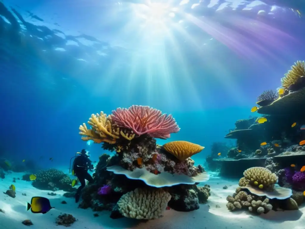 Exploración submarina en Arrecife de Coral: Diversidad y Colorido Exploración submarina en la Gran Barrera de Coral con coloridos corales y peces tropicales: una aventura de buceo inolvidable
