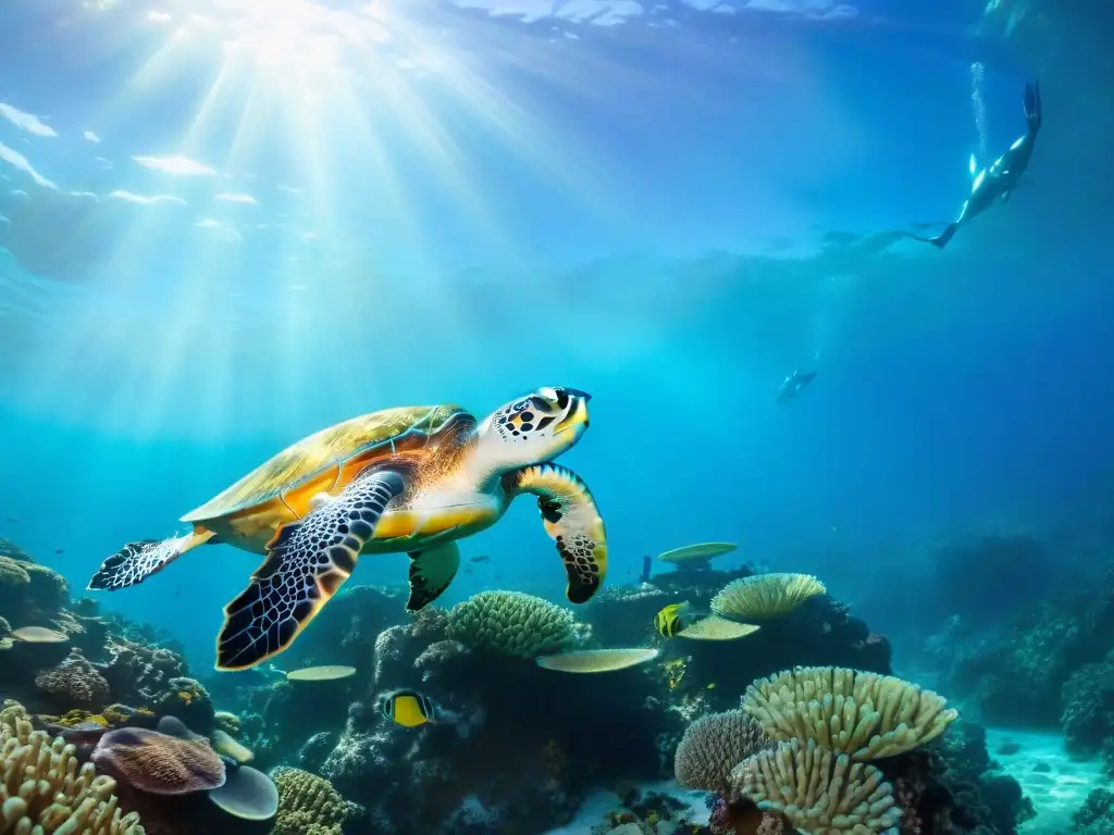 Exploración submarina en la Gran Barrera de Coral con vida marina vibrante Una inmersión submarina en la Gran Barrera de Coral: coloridos corales, peces tropicales y una majestuosa tortuga marina