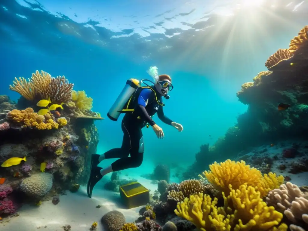 Excavación arqueológica en pecios submarinos: tesoro y desafíos Arqueóloga submarina descubriendo secretos costeros en un naufragio rodeado de corales y peces coloridos