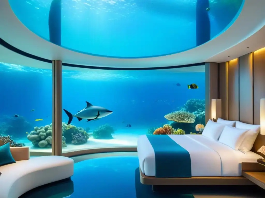 Suite submarina de lujo: coral, lujo y serenidad Suite de hotel submarina de lujo con vista a arrecifes y criaturas marinas