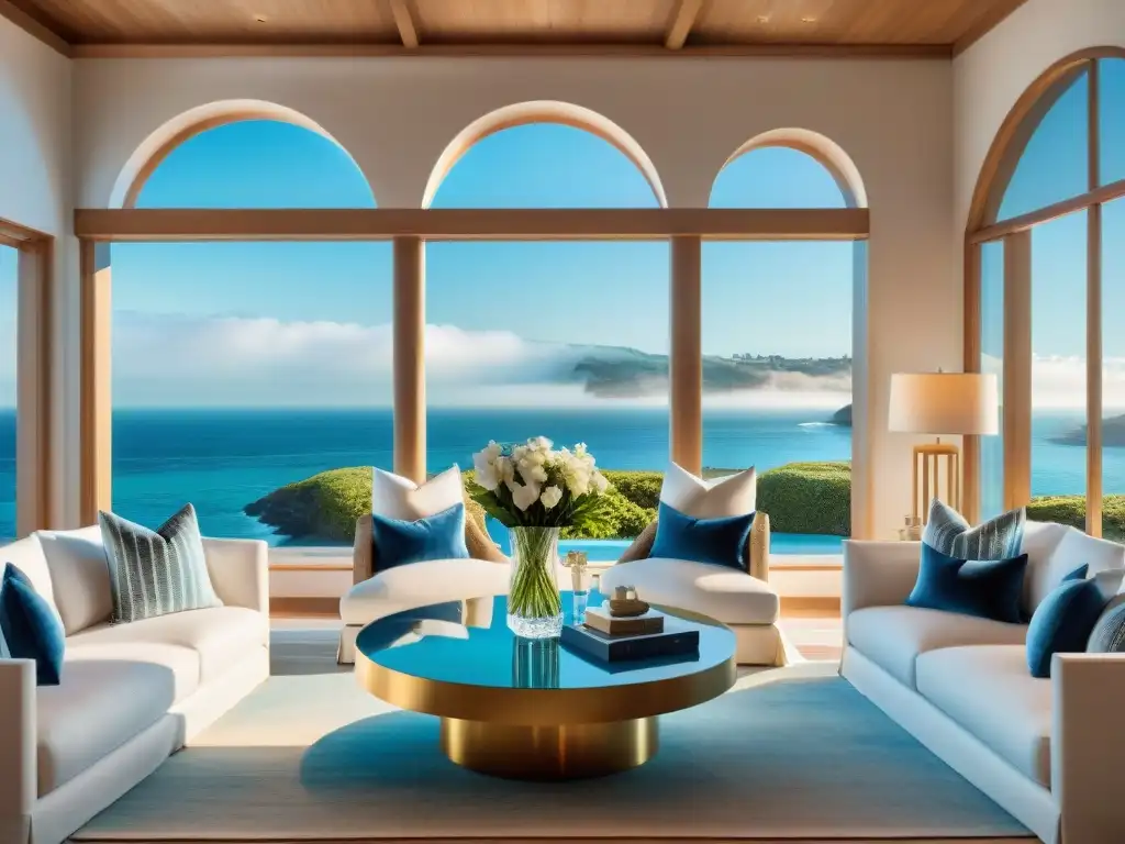 Sala de estar costera de lujo con vistas al mar Suntuosa sala de estar costera con decoración de alta gama en tonos neutros y vista al mar