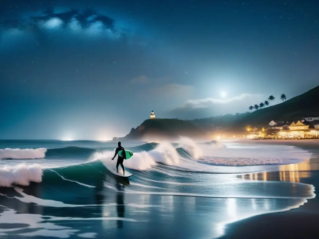 Surf nocturno: silueta de surfista bajo la luna Surf nocturno en la costa: Silueta de un solitario surfista montando una ola bajo el cielo estrellado, con luces costeras brillantes al fondo