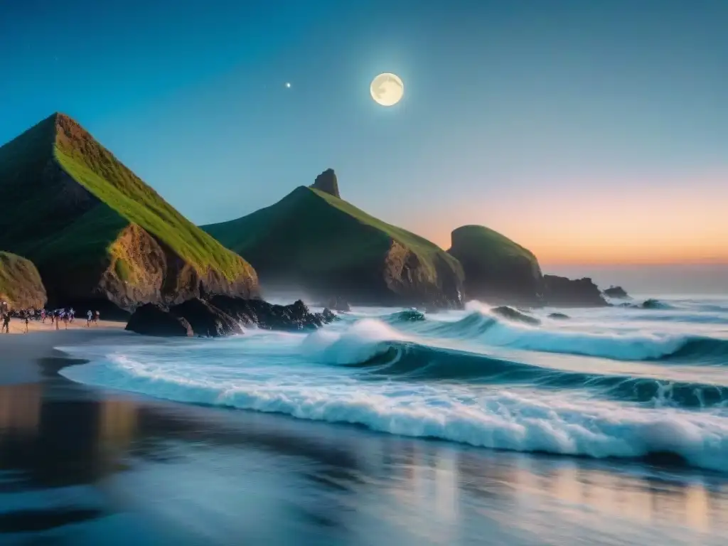 Surf nocturno bajo la luna llena: olas bioluminiscentes Surf nocturno en la costa: Surfistas surfeando olas bioluminiscentes bajo la luna plateada y estrellada en una noche mágica