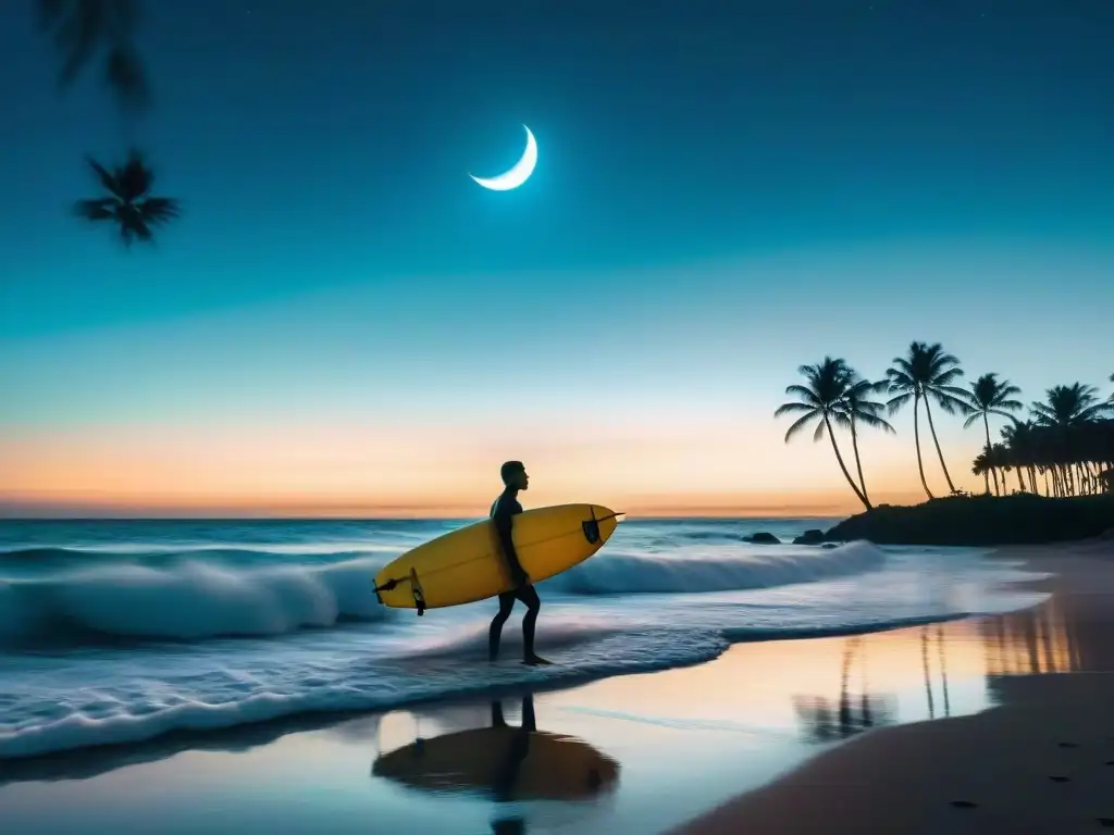 Surf nocturno bajo la luna: magia en las olas Un surfer nocturno surfeando olas iluminadas bajo la luna en la costa, con un ambiente mágico y surrealista