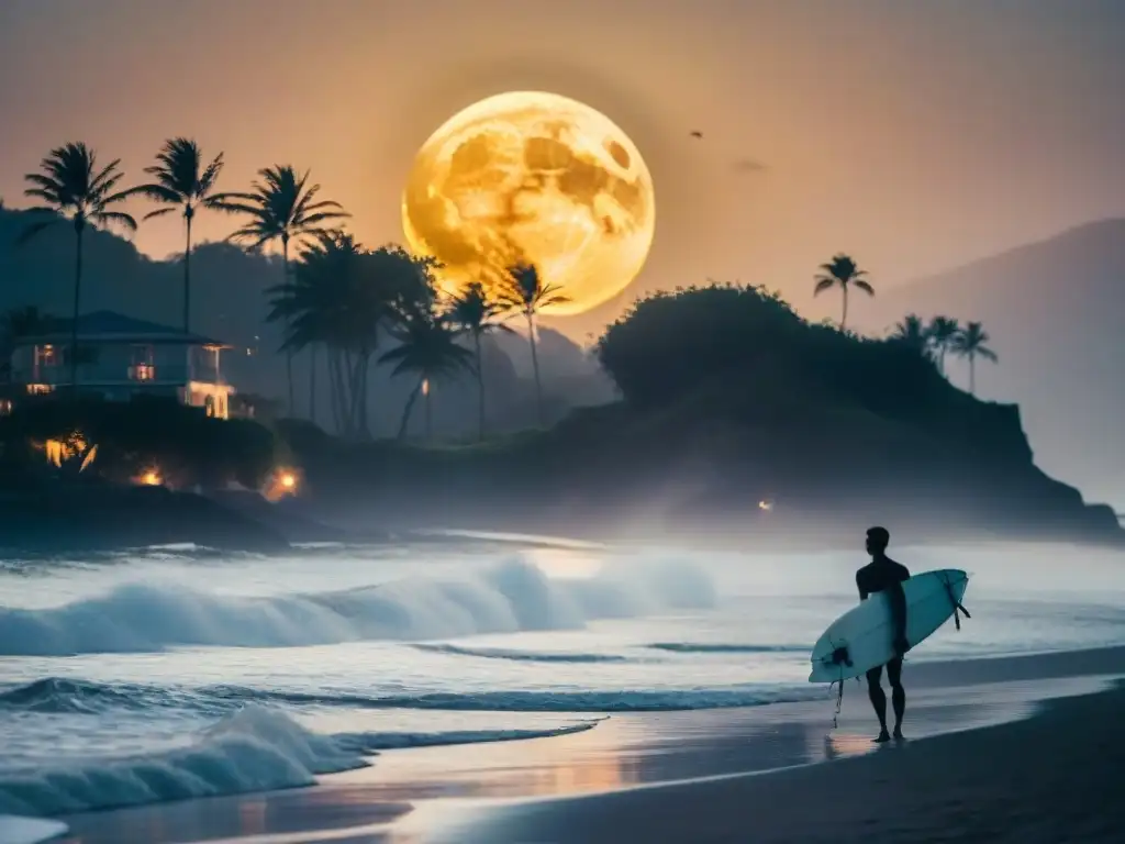 Surf nocturno: Luna sobre el mar Un surfista solitario surfeando bajo la luna en la costa