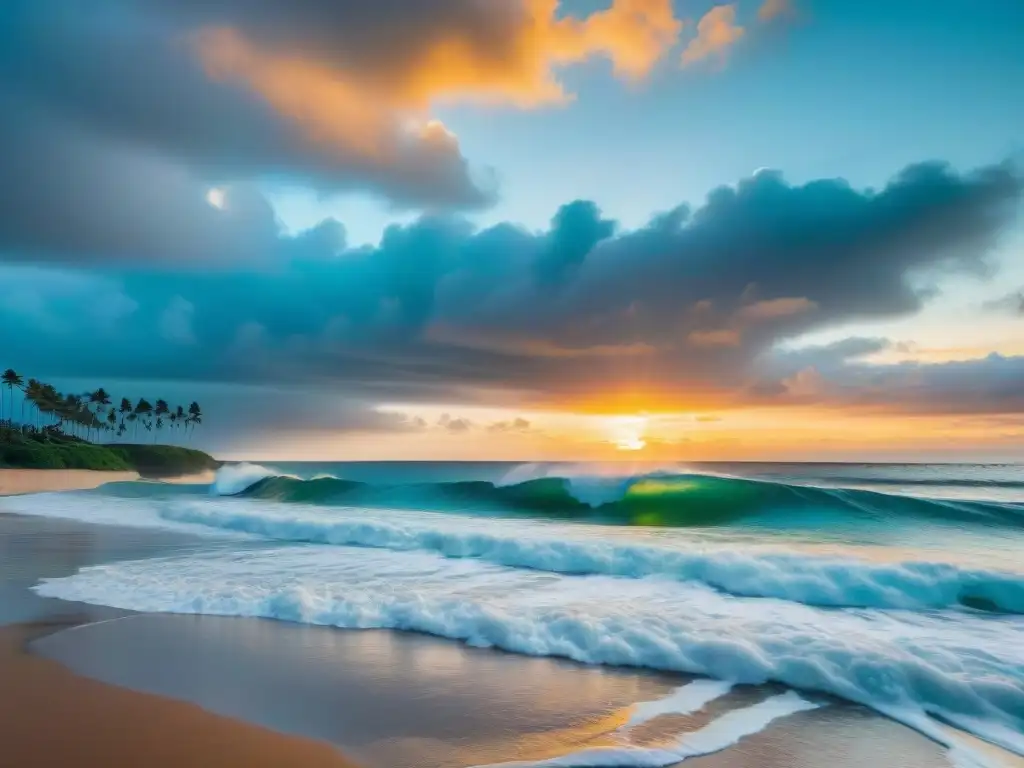 Paraísosurf: olas perfectas y atardecer mágico en playa de lujo Surfistas expertos cabalgan olas enormes al atardecer en una playa de arena dorada, rodeados de propiedades costeras de lujo