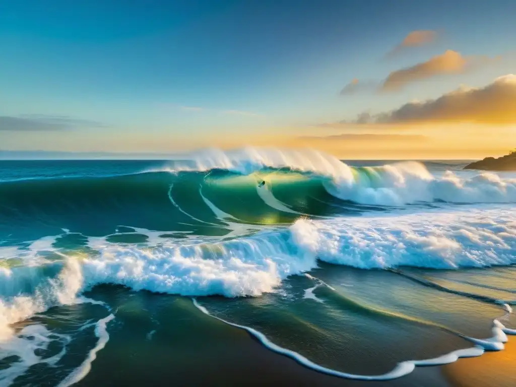 Surfistas disfrutando olas al amanecer en costa dorada Surfistas atrapando olas bajo un amanecer dorado en la costa