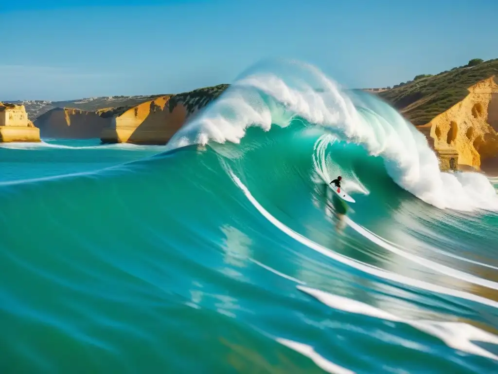 Surfistas en acción: olas turquesas y acantilados dorados en Algarve Surfistas cabalgan olas turquesas en Algarve, rodeados de acantilados dorados bajo cielos azules