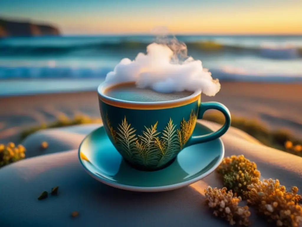 Infusión costera: calma y serenidad al atardecer Una taza de infusión costera humeante en una playa al atardecer