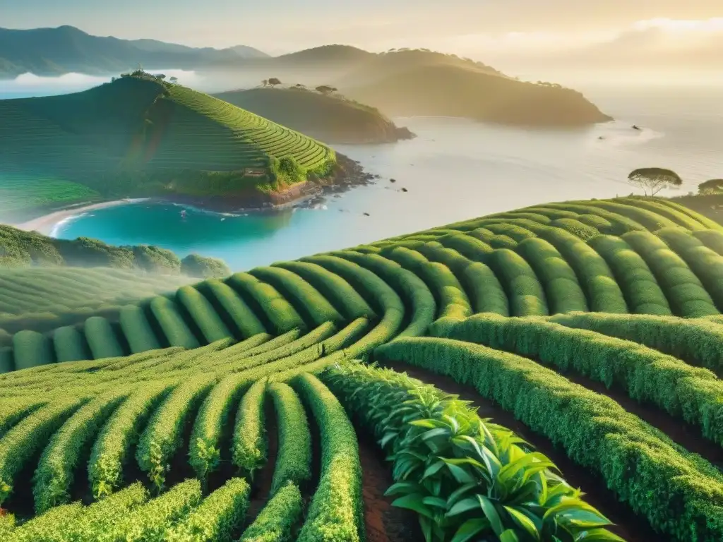 Plantación de té costera al amanecer: armonía natural y sostenibilidad Plantación de té costera al amanecer, con plantas verdes y el mar al fondo