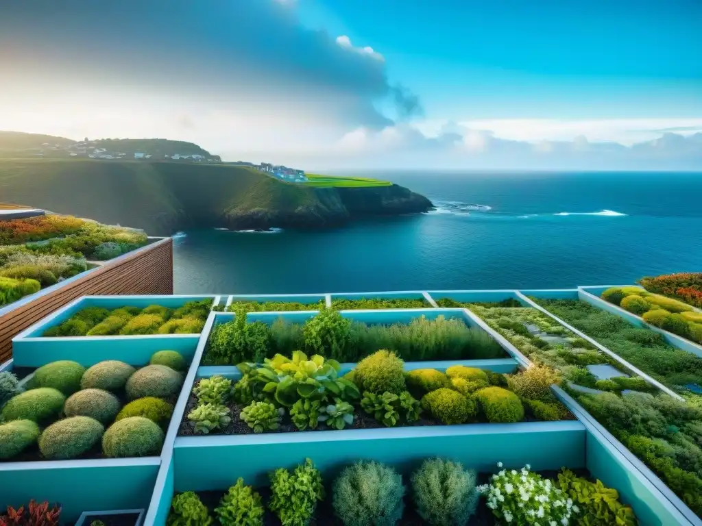 Jardín verde en azotea costera: armonía sostenible Un jardín de techo verde en armonía con la costa
