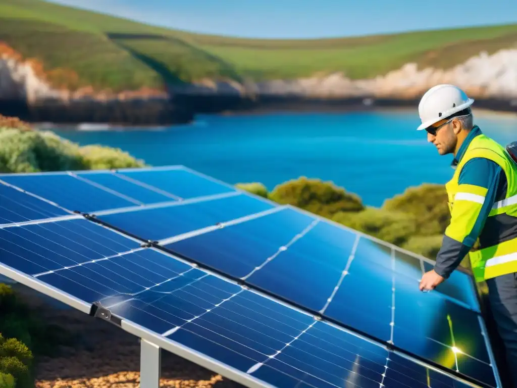 Instalación solar costera: energía renovable junto al mar Un técnico inspecciona una instalación de paneles solares en una propiedad costera, reflejando la luz del sol sobre el mar