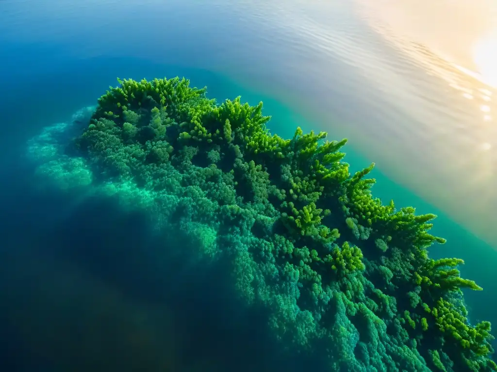 Patrones hipnóticos de algas marinas en movimiento Telas inspiradas en el mar cambian de espacio con elegancia y movimiento, mostrando la belleza natural de las algas marinas en azul y verde