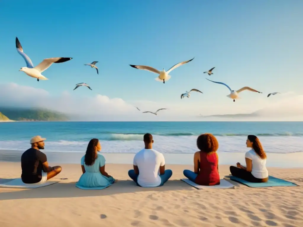 Terapia mindfulness en la playa: paz y conexión Una terapeuta guía una sesión de mindfulness en la costa, transmitiendo paz y beneficios psicológicos de la vida costera