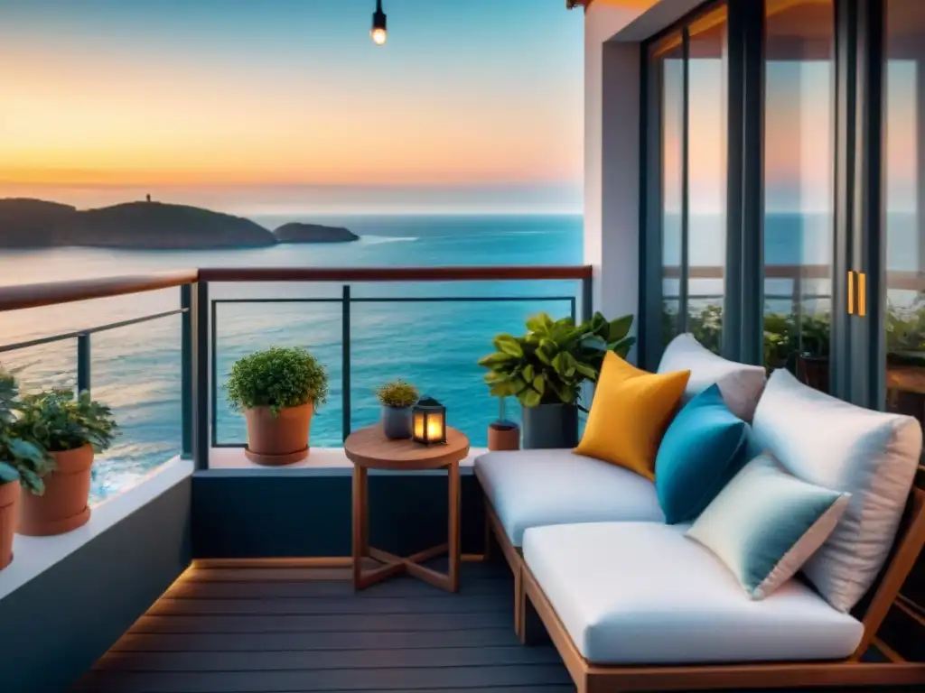 Balcony playero con encanto al atardecer Terraza costera acogedora con decoración marítima y ambiente cálido al atardecer