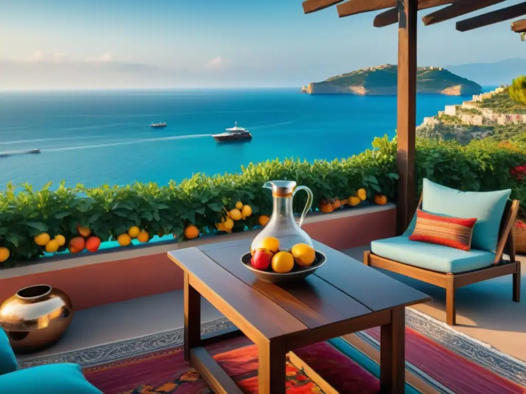 Terraza costera junto al mar Mediterráneo: decoración tropical al atardecer Terraza costera con decoración exquisita: lounge chairs, plantas tropicales y vista al mar Mediterráneo al atardecer