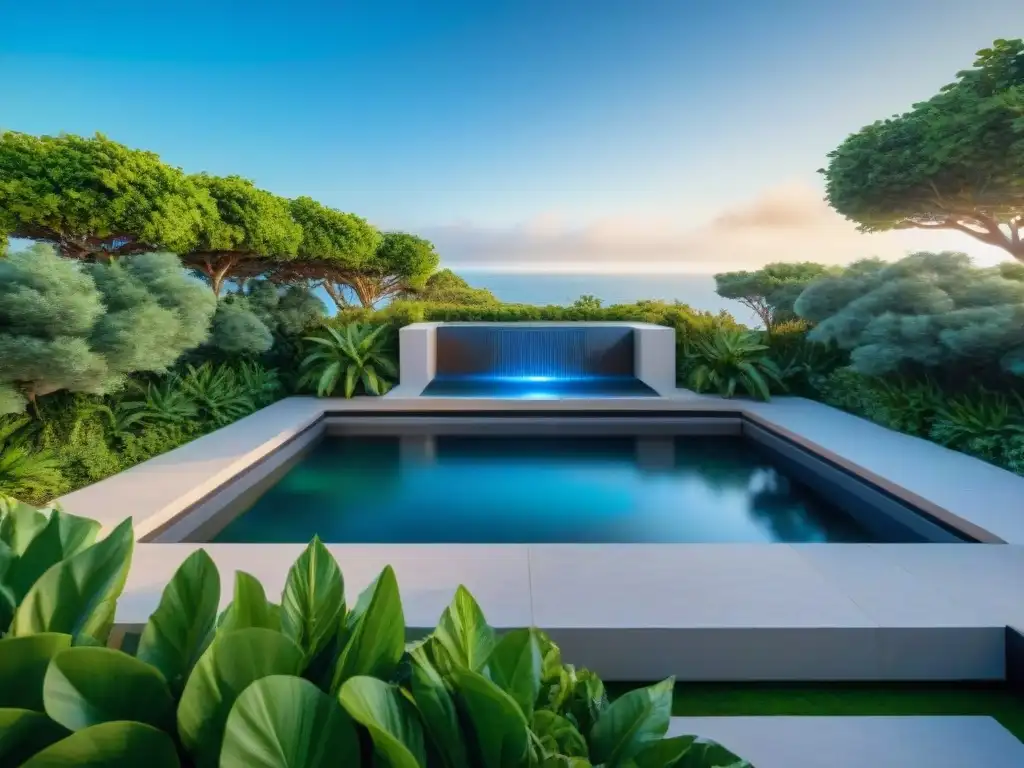 Terraza costera moderna con fuente de agua Una terraza costera moderna con fuente de agua sleek y diseño innovador