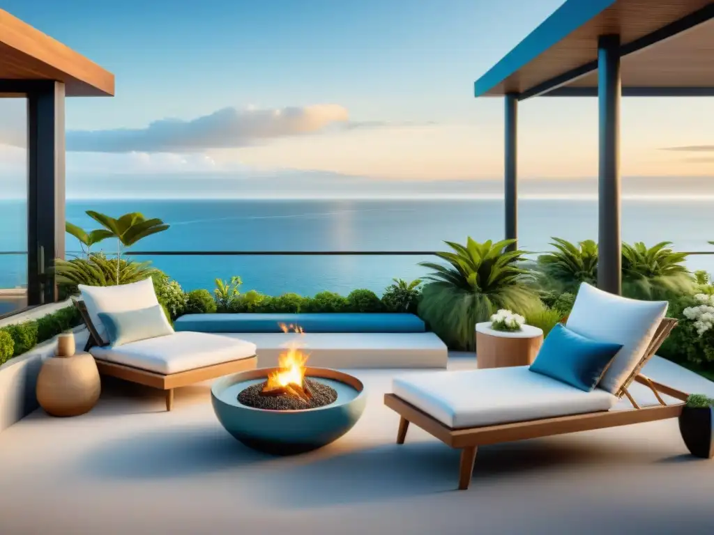 Terraza costera moderna: diseño innovador para relajación al aire libre Una terraza costera moderna con ideas innovadoras: muebles de exteriores y decoración elegante en tonos blancos, azules y arena
