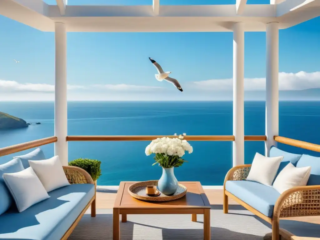 Terraza costera serena con vista al mar Una terraza costera serena con decoración en tonos azules y blancos, muebles de mimbre y plantas verdes
