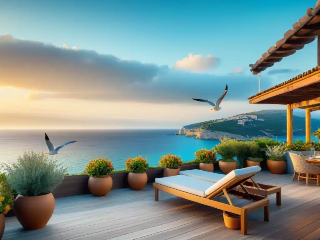 Terraza costera: atardecer en el Mediterráneo Terraza costera tranquila con vista al mar Mediterráneo, decorada con muebles y plantas vibrantes al atardecer