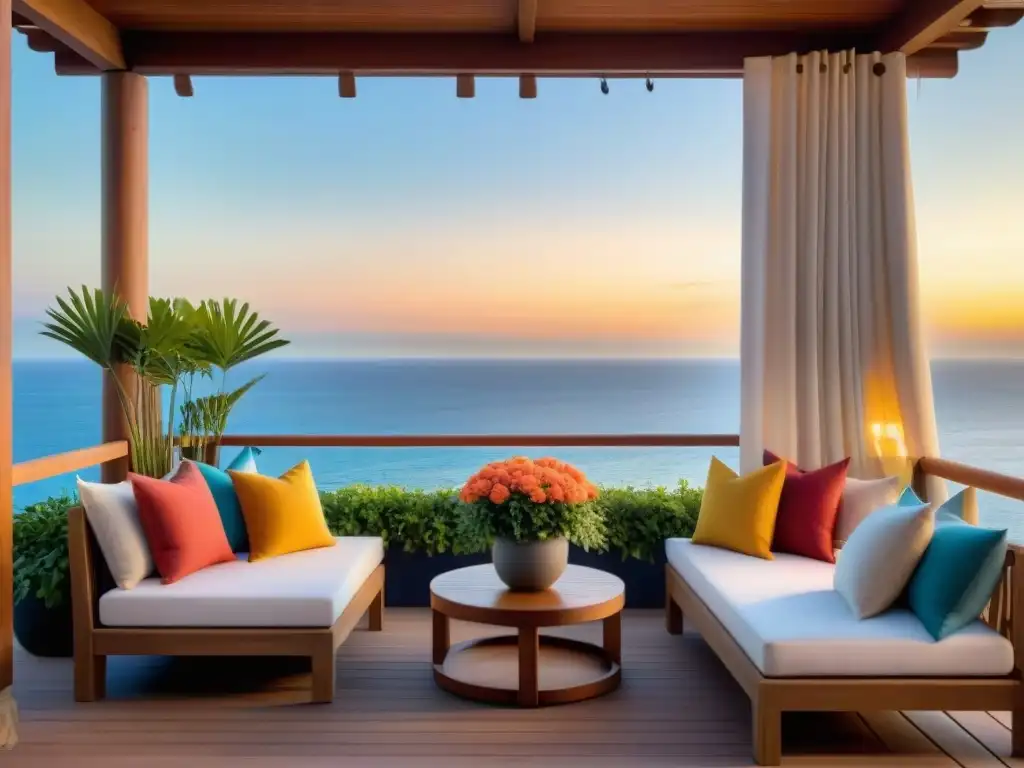 Terraza costera: Sunset en espacio acogedor Terraza costera vibrante con muebles acogedores y plantas, bañada por la cálida luz del atardecer