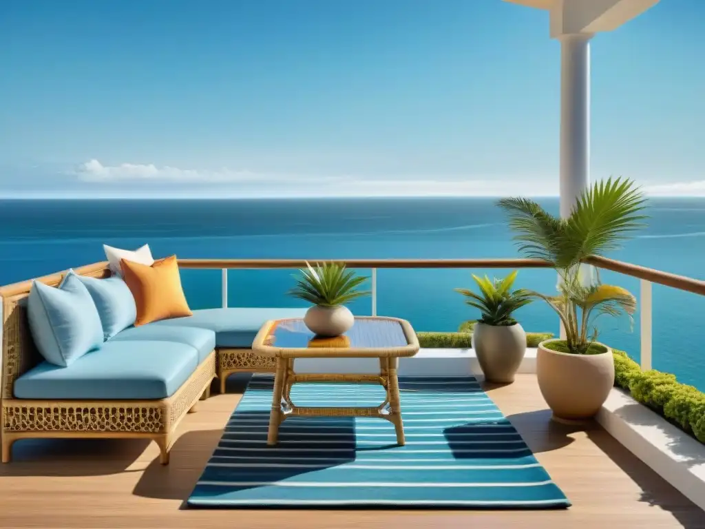 Terraza costera serena con muebles de ratán y vistas al mar Terraza costera con decoración de rattan, cojines y vista al mar