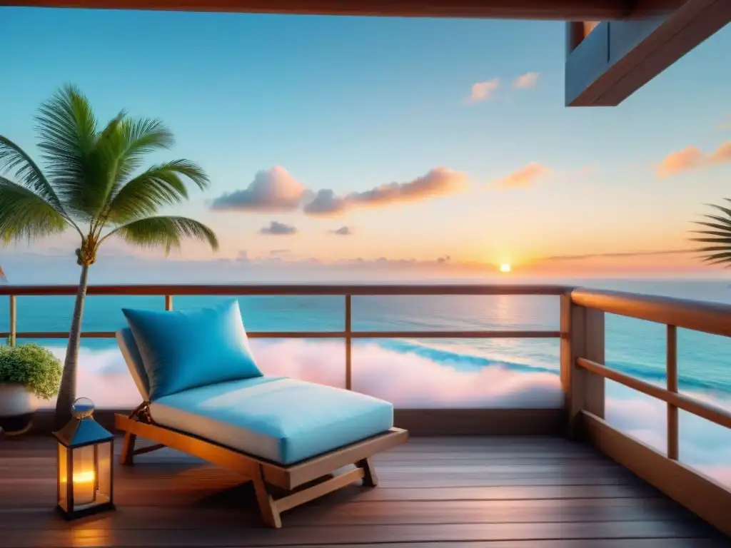 Balcón costero: relax y tranquilidad frente al mar Terrazas y balcones costeros decoración: Balcón sereno con vista al mar, silla lounge azul y detalles playeros al atardecer