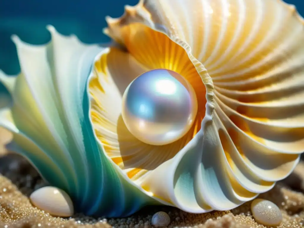 Joyas del Mar: Detalle deslumbrante de perla y concha Un tesoro marino: una perla brillante en una concha iridiscente