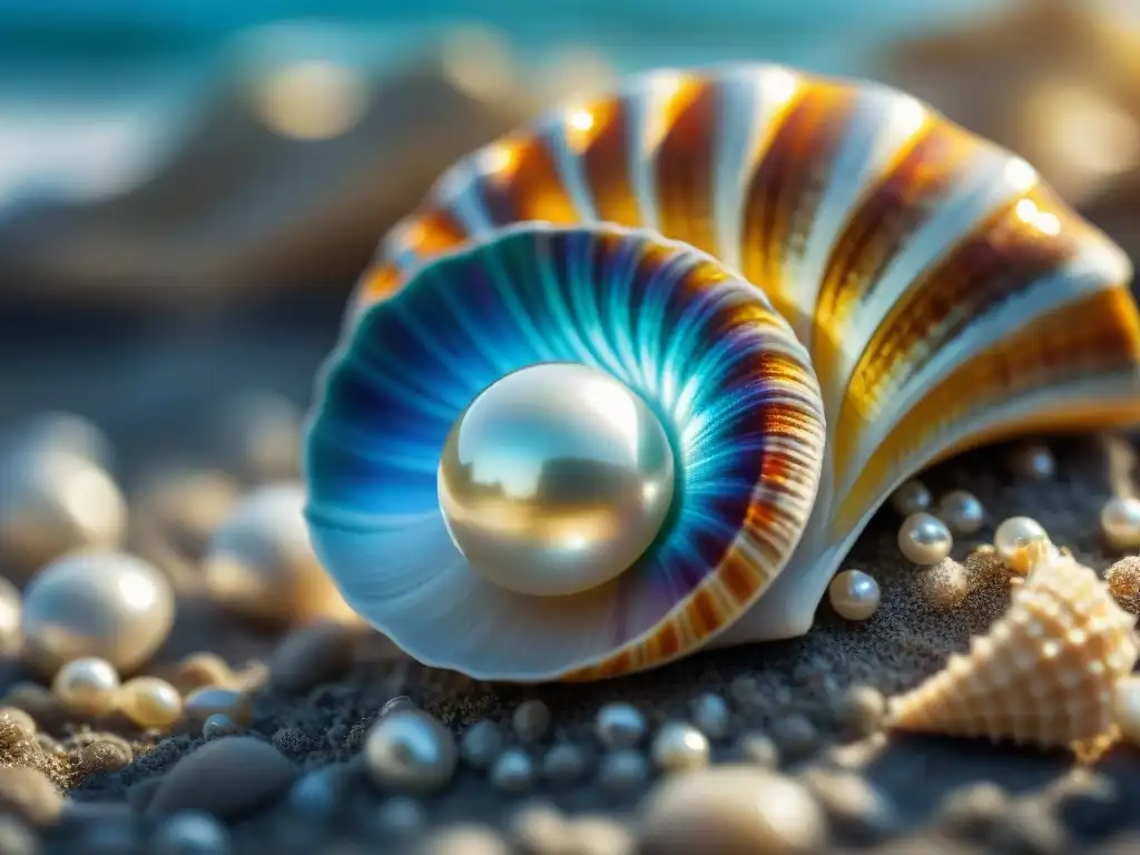 Exquisita perla iridiscente en concha marina: misterio y elegancia Un tesoro marino: una perla iridiscente en una concha, evocando propiedades costeras vida junto mar