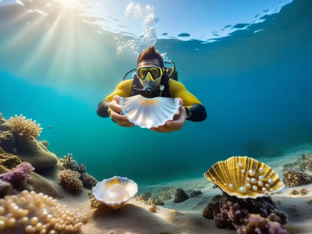 Extracción cautivadora de perlas: maravillas submarinas Un tesoro del océano: la delicada extracción de una perla de una concha de ostra, joyas inspiradas en el océano
