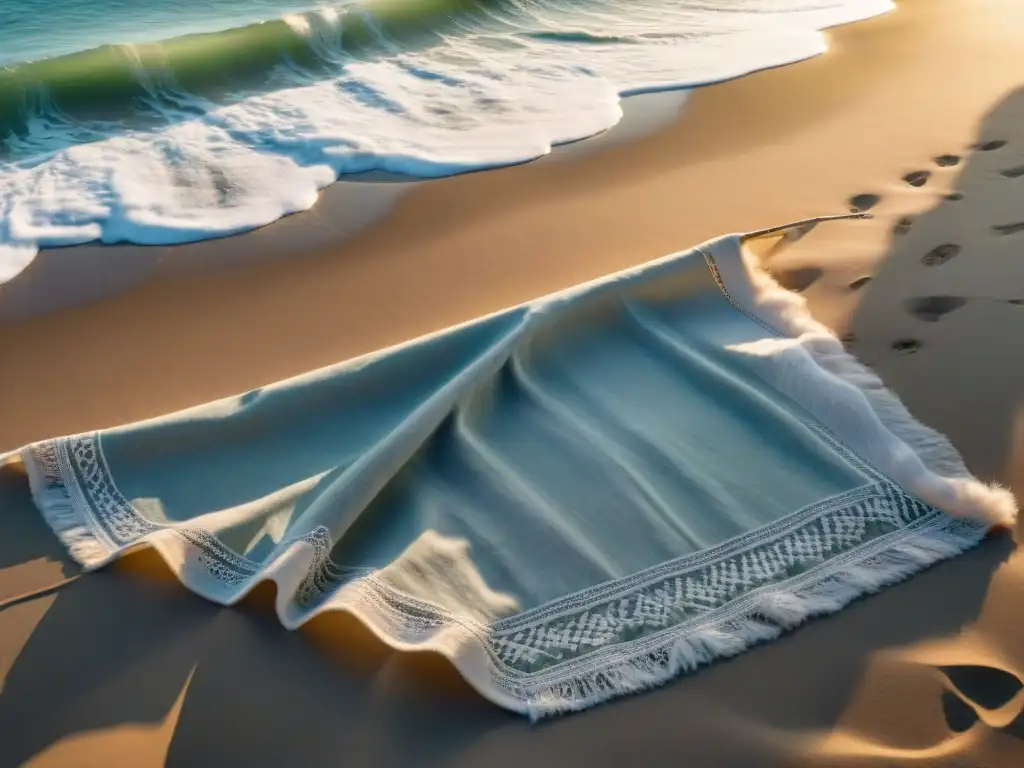 Tela de lino de lujo en playa, detalle y elegancia Textiles de lujo para clima costero: Detalle de lujoso tejido de lino en la playa, con patrones intrincados y brillo al sol