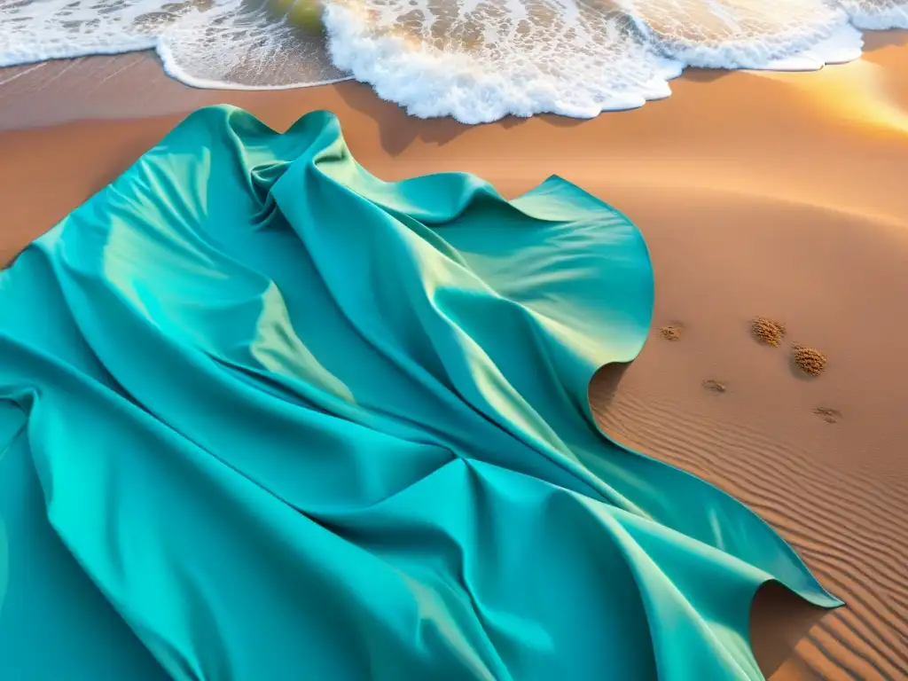 Textura turquesa en la brisa marina Textura vibrante de tela turquesa en la brisa marina, contrastando con la playa dorada