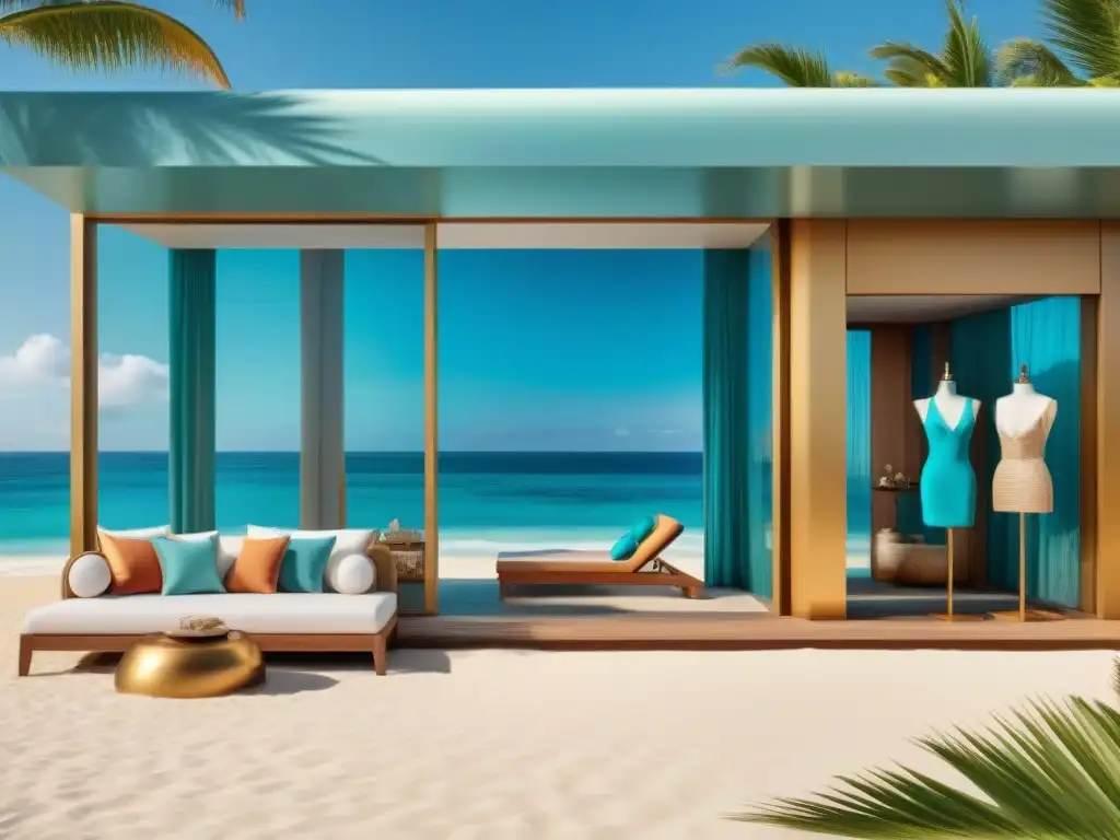 Boutique de lujo: moda swimwear en playa paradisíaca Una tienda de trajes de baño de diseñador en una playa glamurosa con aguas turquesas y arena dorada