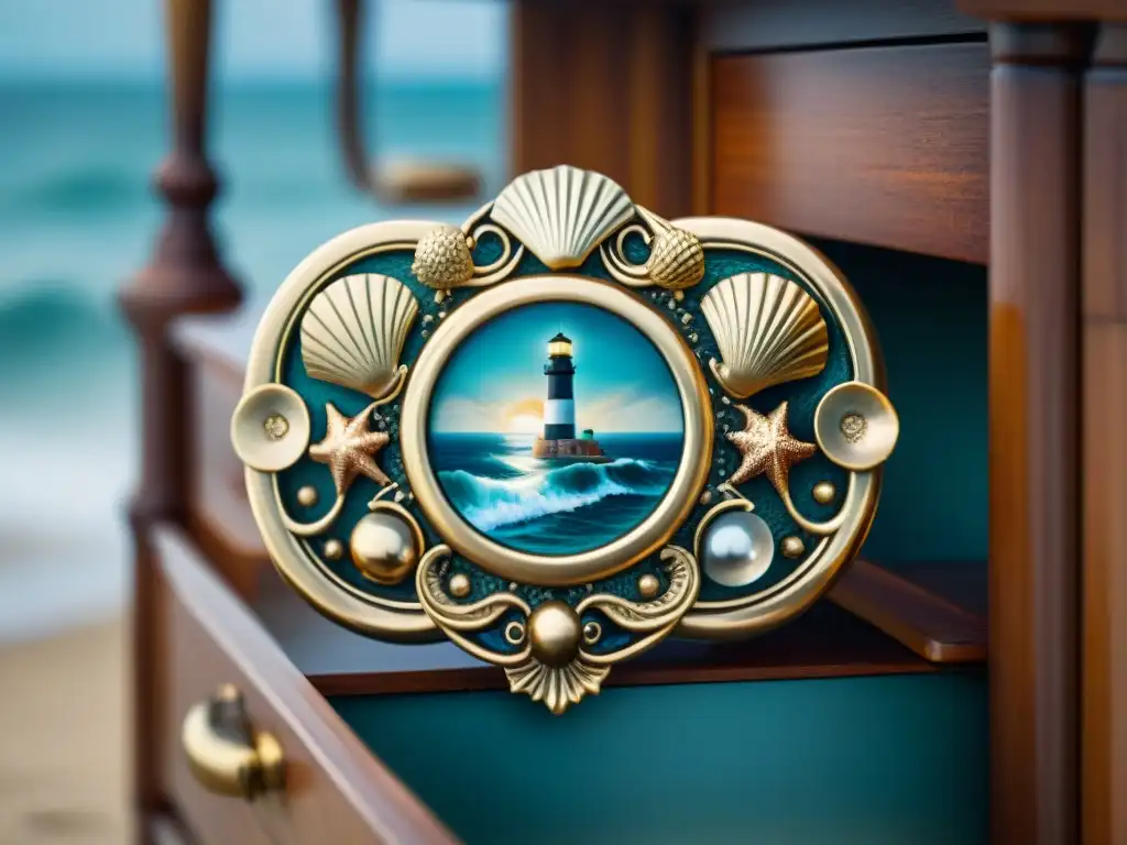 Mango de cajón marino de latón pulido, detallado y elegante Un tirador marino para muebles costeros, detallado y elegante con motivos marinos y faro, en latón pulido