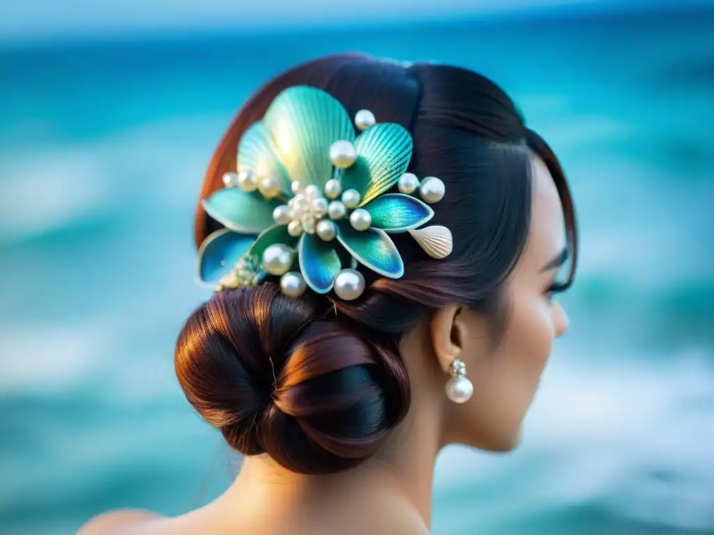Diadema de Sirena con Perlas y Conchas: Accesorio Submarino Un tocado marino deslumbrante con detalles de conchas y perlas en azules, verdes y blancos perlados, evocando encanto submarino