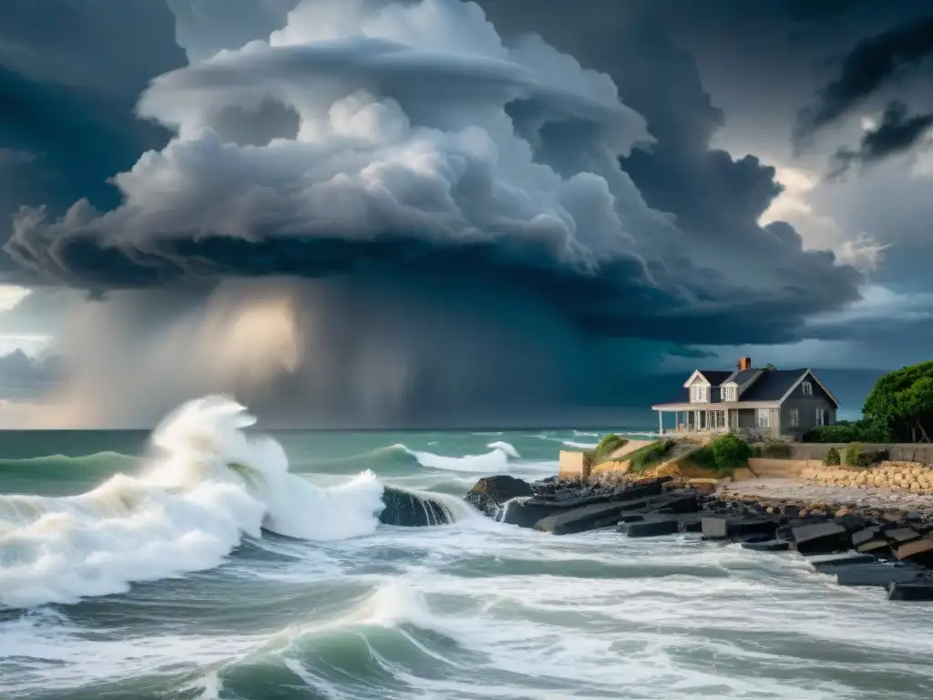 Tormenta en el mar: amenaza inminente sobre la costa Tormenta feroz amenazando propiedad costera, reflejando vulnerabilidad y la importancia del seguro desastres naturales propiedades costeras