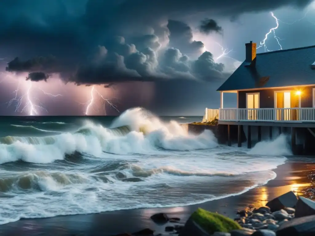 Tormenta costera: impacto y protección Tormenta severa golpea propiedad costera protegida por muro de contención