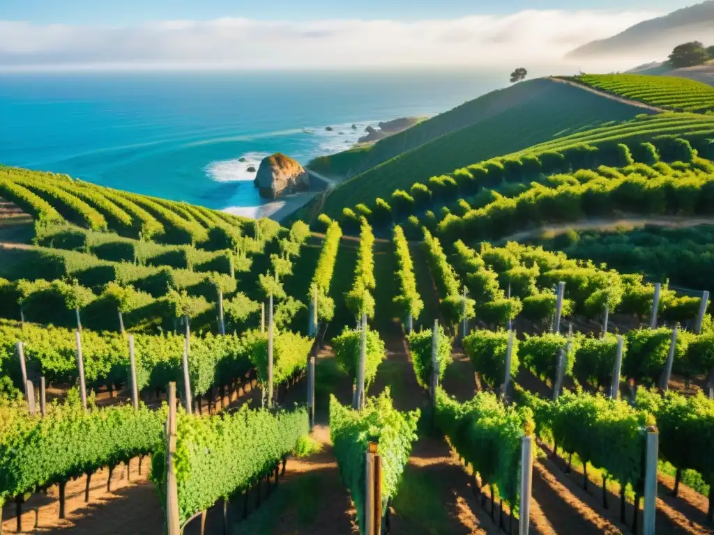 Tour en viñedos: armonía costera en California Un tour entre viñedos en la costa de California, donde los colores vibrantes de las uvas contrastan con el azul del océano Pacífico