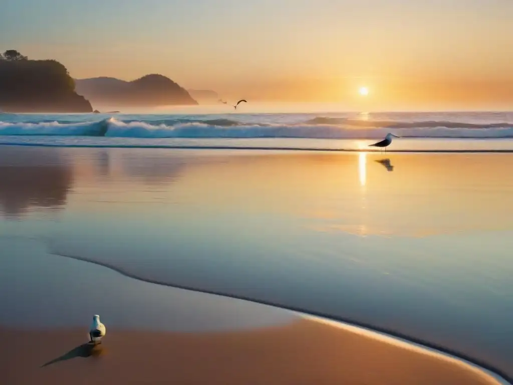 Amanecer sereno en la playa: arena dorada, olas suaves y gaviotas en vuelo Tour virtual amanecer playa casa: Atmósfera serena en una playa al amanecer, con olas suaves y gaviotas en el cielo