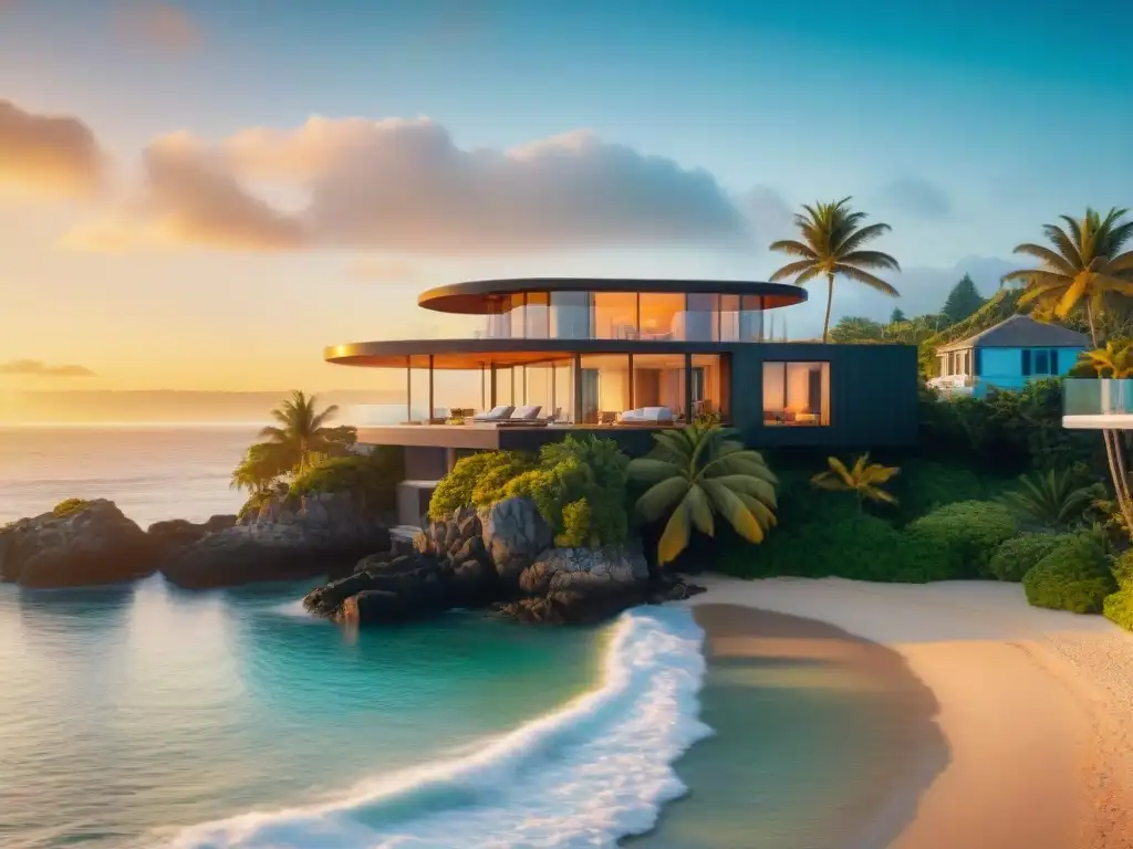 Villa de playa de lujo al atardecer: hogar costero contemporáneo en 8k Tours virtuales propiedades costeras 360: Moderna villa frente al mar con atardecer dorado y palmeras enmarcando la vista