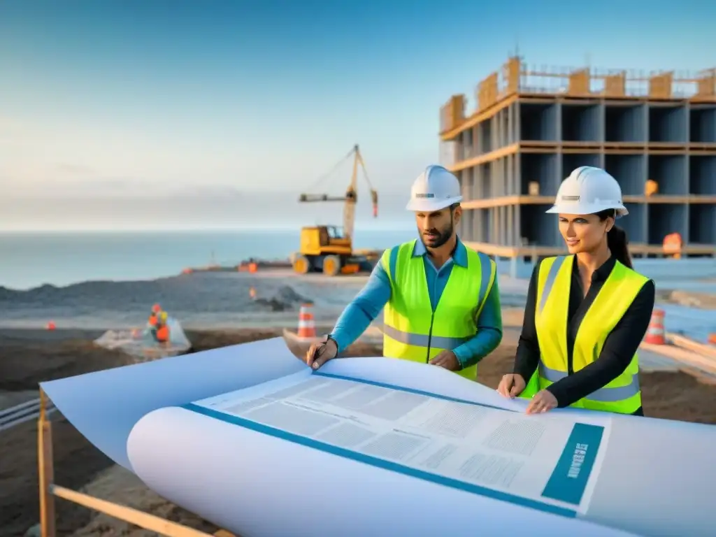 Trabajadores en construcción siguen normativas construcción propiedades costeras, con vista al mar