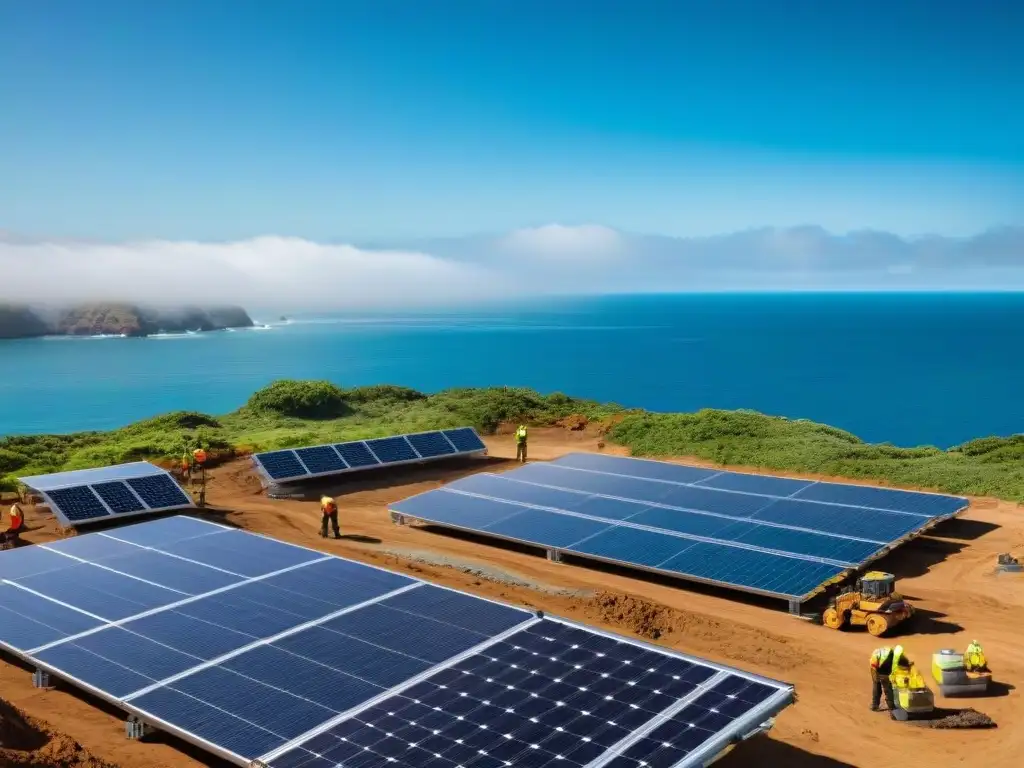 Construcción costera eco-friendly: progreso sostenible junto al mar Trabajadores implementando diseño eco amigable en construcción costera