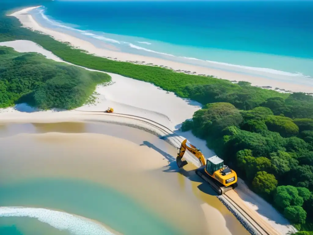 Progreso sostenible: construcción costera en armonía Trabajadores y maquinaria en construcción costera mar