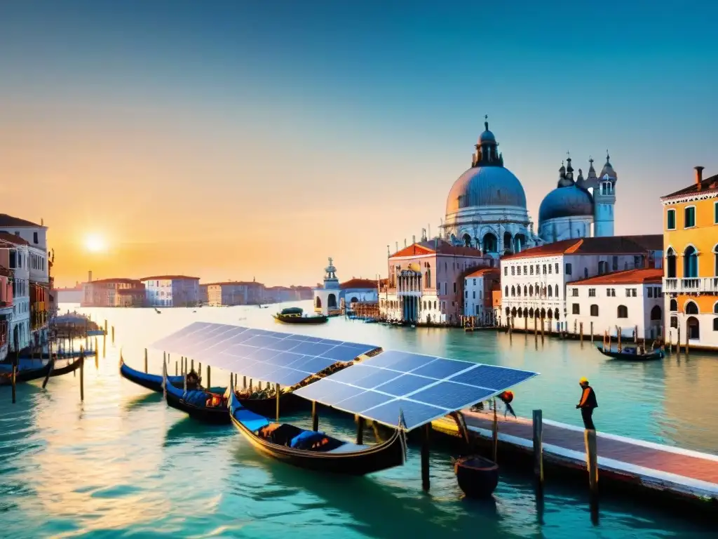 Instalación solar en Venecia: tradición y sostenibilidad Trabajadores venecianos instalan paneles solares en tejados con la icónica postal del Gran Canal al atardecer