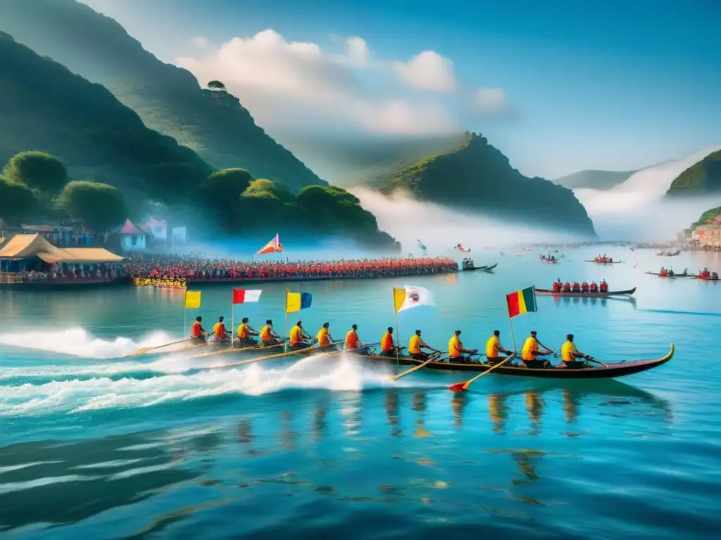Regata tradicional de botes coloridos en un pueblo costero Competición náutica tradicional en un pueblo costero, con coloridas embarcaciones y espectadores animados bajo un cielo azul