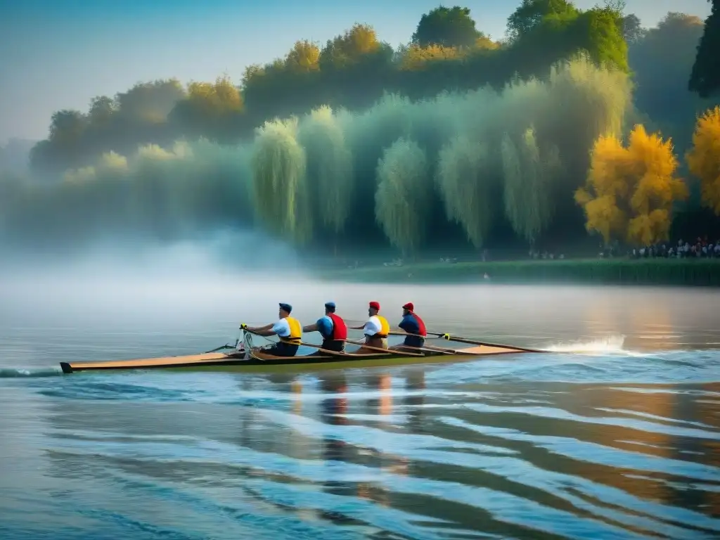 Competencia tradicional de remo en un río sereno Competición náutica tradicional en un río sereno con botes decorados y remeros coloridos, espectadores animados en la orilla